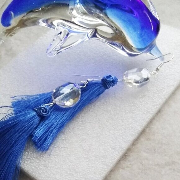 Shoulder Dusters! Extra Long Dangle Earrings - Faceted Clear Crystal + Tassels - Picture 3 of 7